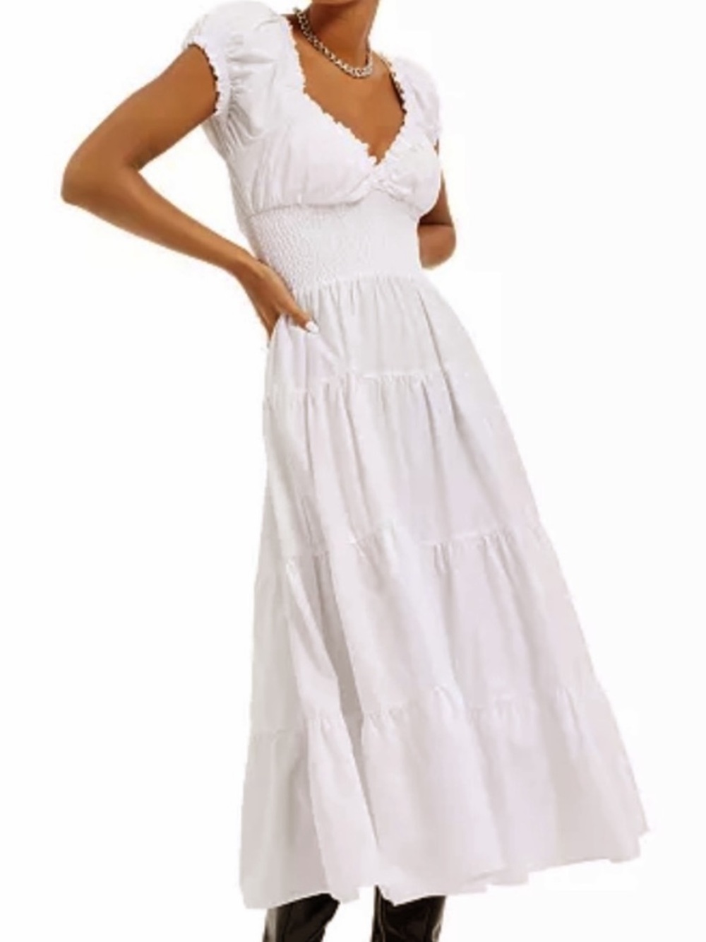 Danielle Bernstein white poplin midi dress, smocked bodice, puff sleeves Size XS